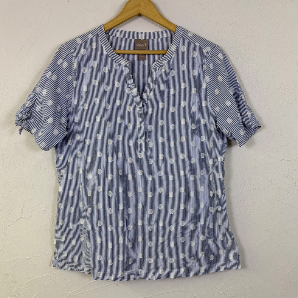 Chicos Top Womens 2 Blue White Striped Polka Dot Linen Blend Tie Sleeve Preppy